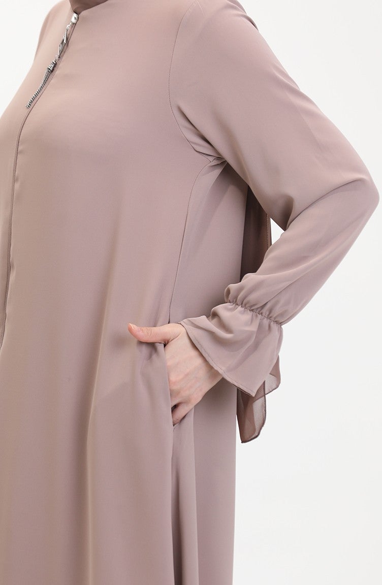 Sefa Merve Elastic Sleeve Zippered Abaya 0513-02 Mink  - Image 5
