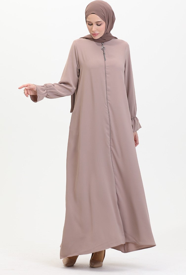 Sefa Merve Elastic Sleeve Zippered Abaya 0513-02 Mink  - Image 3