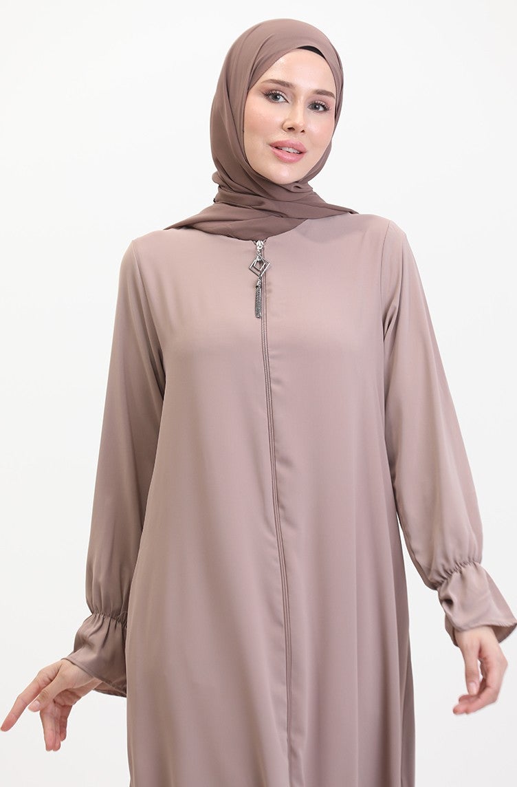 Sefa Merve Elastic Sleeve Zippered Abaya 0513-02 Mink  - Image 4