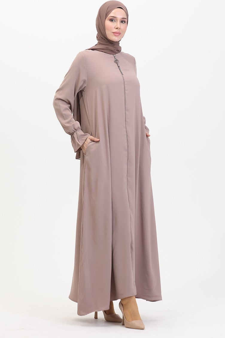 Sefa Merve Elastic Sleeve Zippered Abaya 0513-02 Mink  - Image 2