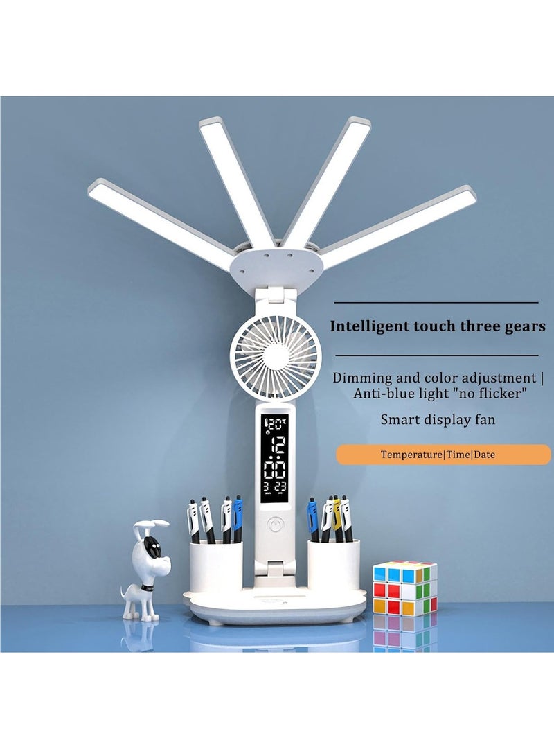 Loquat 4-Head Fan LED Desk Lamp - Eye-Care, Rechargeable, Smart, Adjustable Brightness for Students - Perfect Reading u0026 Study Light, Space-Saving Design for Bedroom u0026 Desk - Image 4