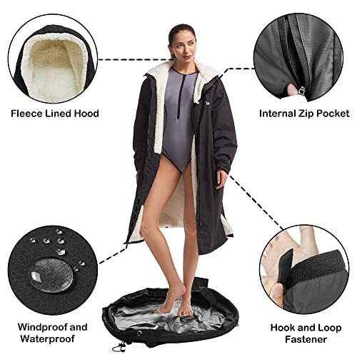 Hiturbo Warm Waterproof Swim Parka: Oversized Hooded Changing Robe - Sherpa Liner Swimming Coat - Recycled Fabric Surf Poncho (Black) - Image 4