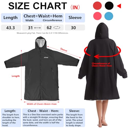 Hiturbo Warm Waterproof Swim Parka: Oversized Hooded Changing Robe - Sherpa Liner Swimming Coat - Recycled Fabric Surf Poncho (Black) - Image 2