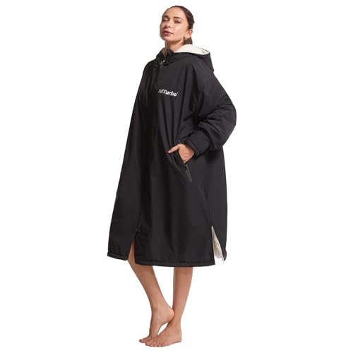 Hiturbo Warm Waterproof Swim Parka: Oversized Hooded Changing Robe - Sherpa Liner Swimming Coat - Recycled Fabric Surf Poncho (Black) - Image 5