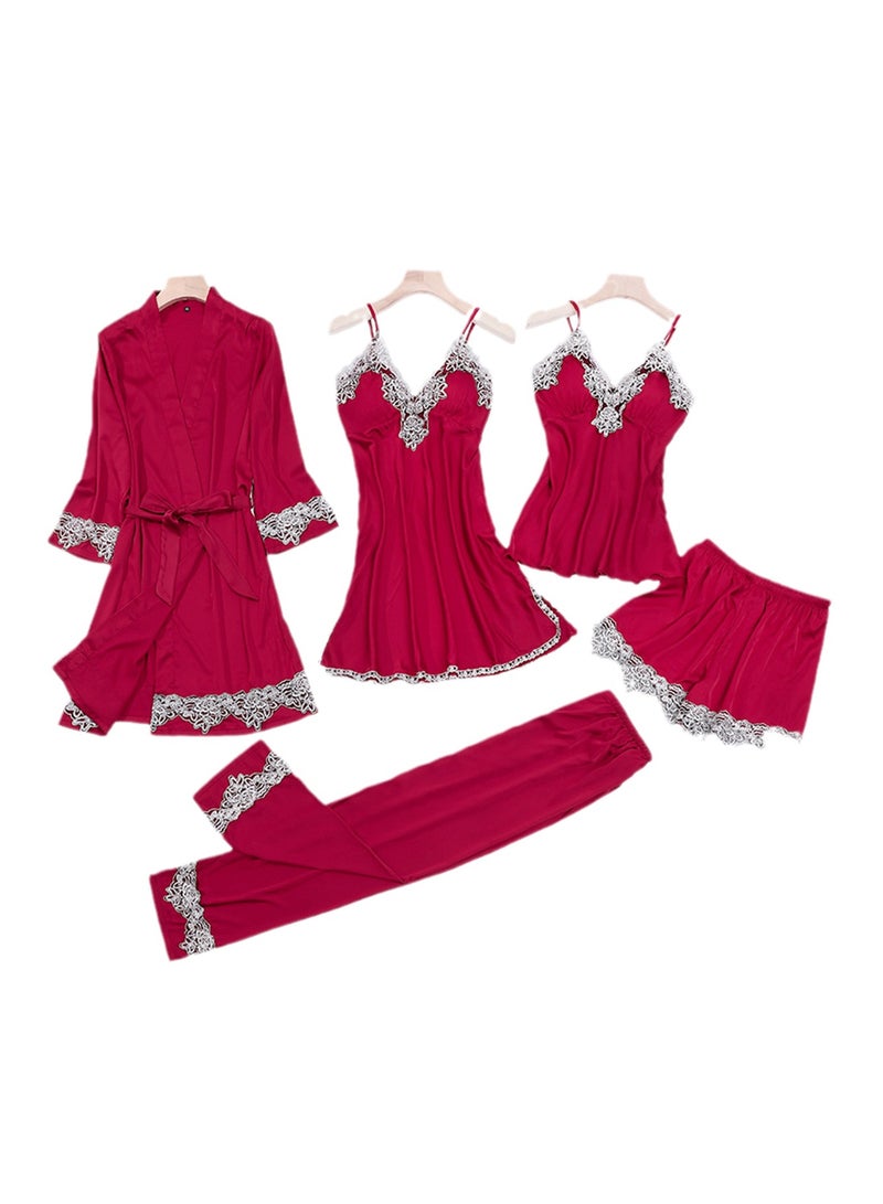 5pcs Ice Silk Pajamas Thin Lace Suspender Long Sleeve Pajama Set  - Image 1