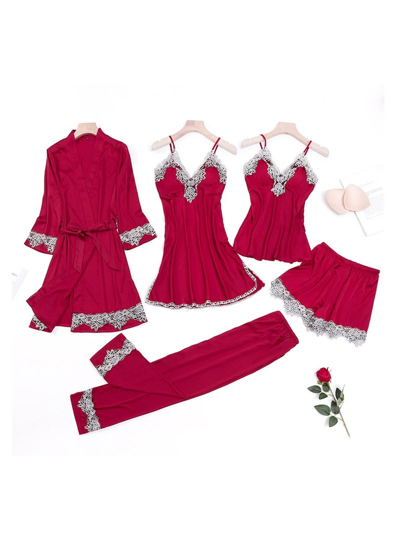 5pcs Ice Silk Pajamas Thin Lace Suspender Long Sleeve Pajama Set  - Image 2
