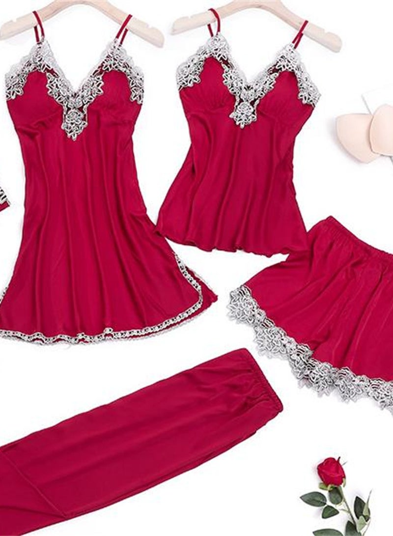 5pcs Ice Silk Pajamas Thin Lace Suspender Long Sleeve Pajama Set  - Image 4
