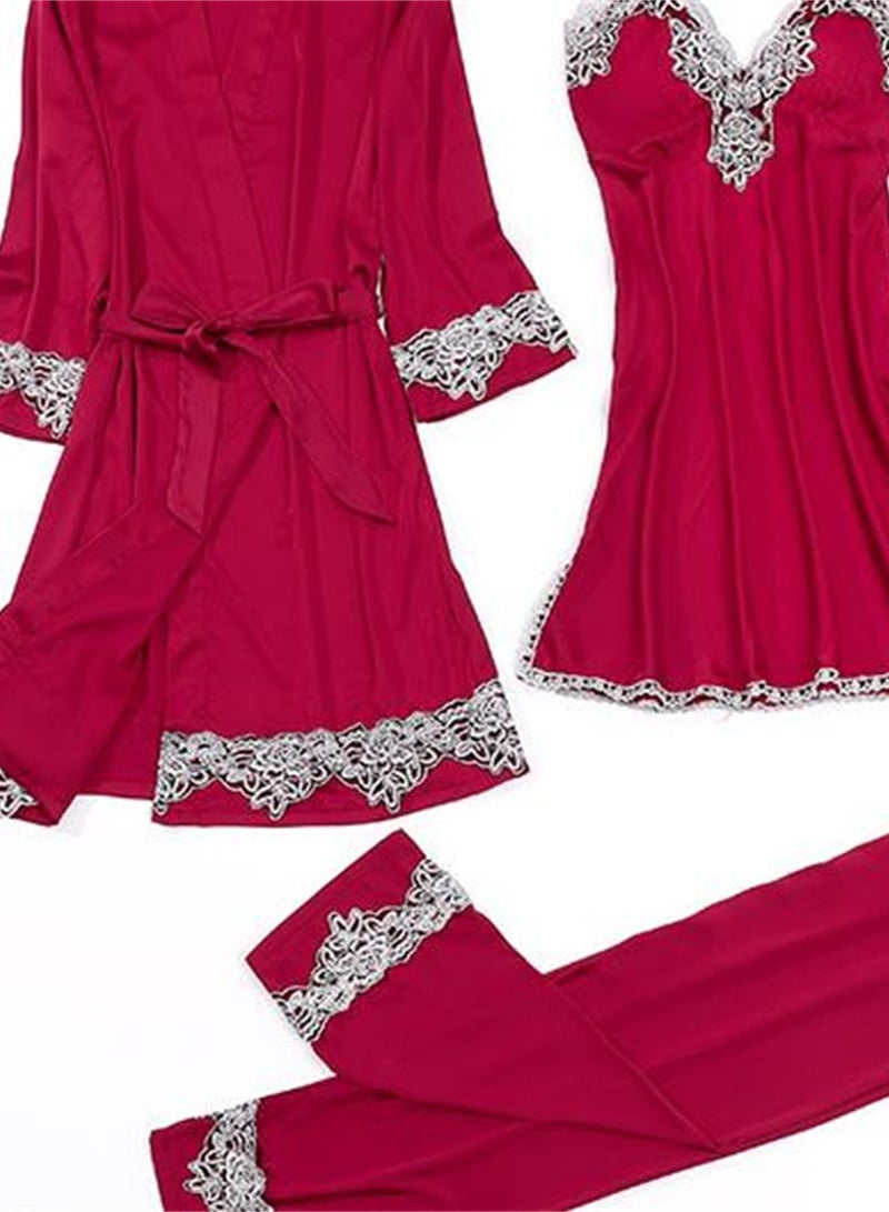 5pcs Ice Silk Pajamas Thin Lace Suspender Long Sleeve Pajama Set  - Image 3