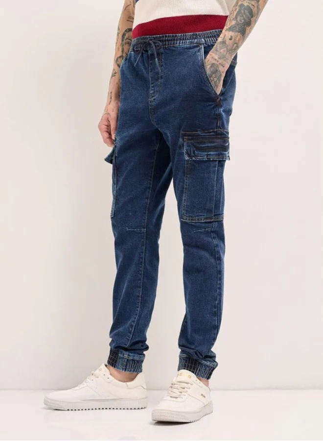The Bear House  Men's Dark Blue Slim Fit Jogger-Style jean with Cargo Pockets Classic Comfort With Modern Style, Perfect For Everyday Casual Looks And Effortless Streetwear Vibes for Men | Best Price UAE