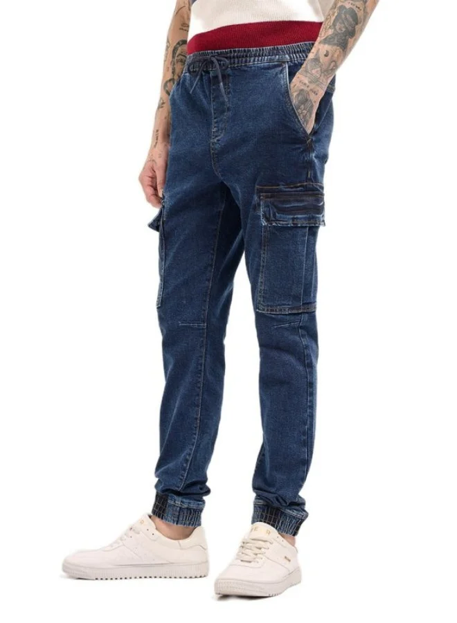 Men's Dark Blue Slim Fit Jogger-Style jean with Cargo Pockets Classic Comfort With Modern Style, Perfect For Everyday Casual Looks And Effortless Streetwear Vibes