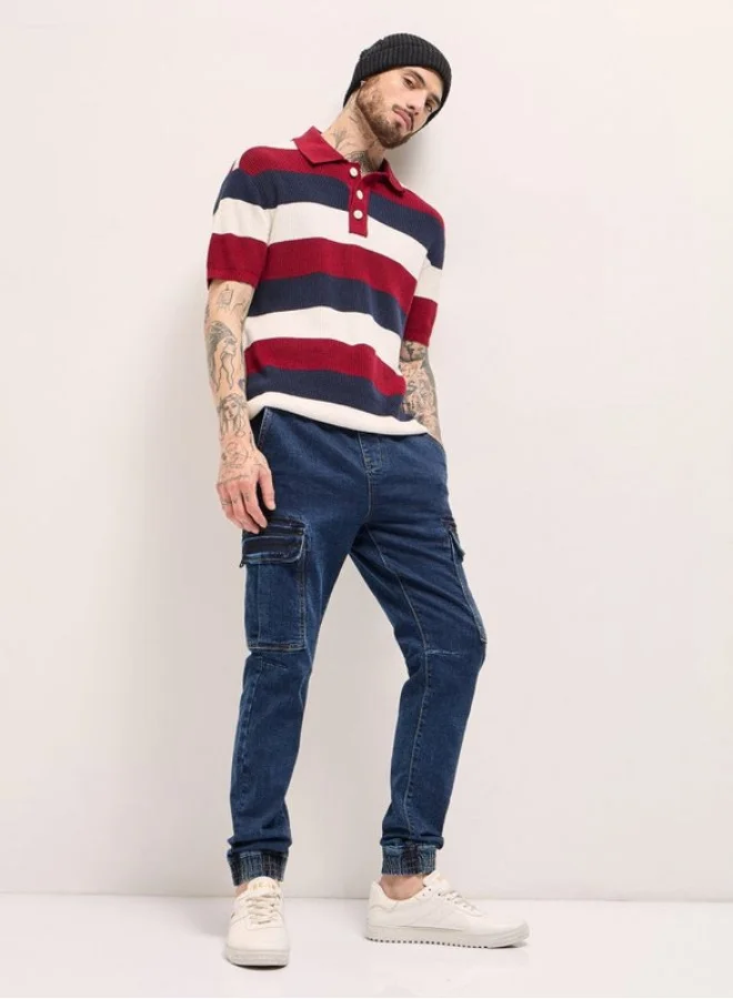 The Bear House  Men's Dark Blue Slim Fit Jogger-Style jean with Cargo Pockets Classic Comfort With Modern Style, Perfect For Everyday Casual Looks And Effortless Streetwear Vibes for Men | Best Price UAE