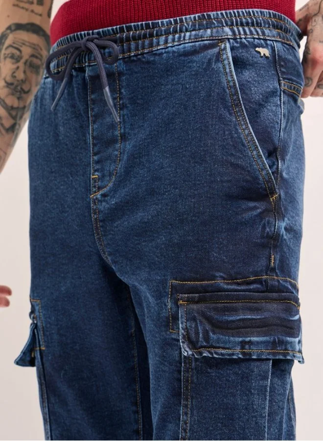 The Bear House  Men's Dark Blue Slim Fit Jogger-Style jean with Cargo Pockets Classic Comfort With Modern Style, Perfect For Everyday Casual Looks And Effortless Streetwear Vibes for Men | Best Price UAE