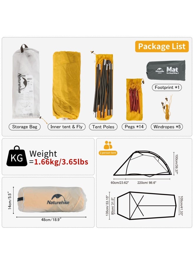 Naturehike Cloud Up 2 Tent | 10D Superlight Professional 2-Person Camping Tent | Rectangular, Waterproof & Ultralight | Quick Setup | Grey & Yellow - Image 4