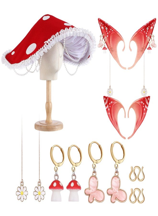 Funnysoft 3 Pcs Renaissance Mushroom Accessories Set Medieval Mushroom Hat Fairy Elf Ears with Flower and Mushroom Ear Clips Red Forest Cosplay Halloween Fantasy Elf Costumes Accessories for Women - Image 1
