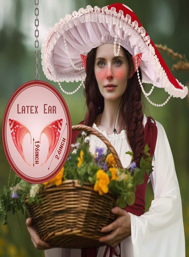 Funnysoft 3 Pcs Renaissance Mushroom Accessories Set Medieval Mushroom Hat Fairy Elf Ears with Flower and Mushroom Ear Clips Red Forest Cosplay Halloween Fantasy Elf Costumes Accessories for Women - Image 2