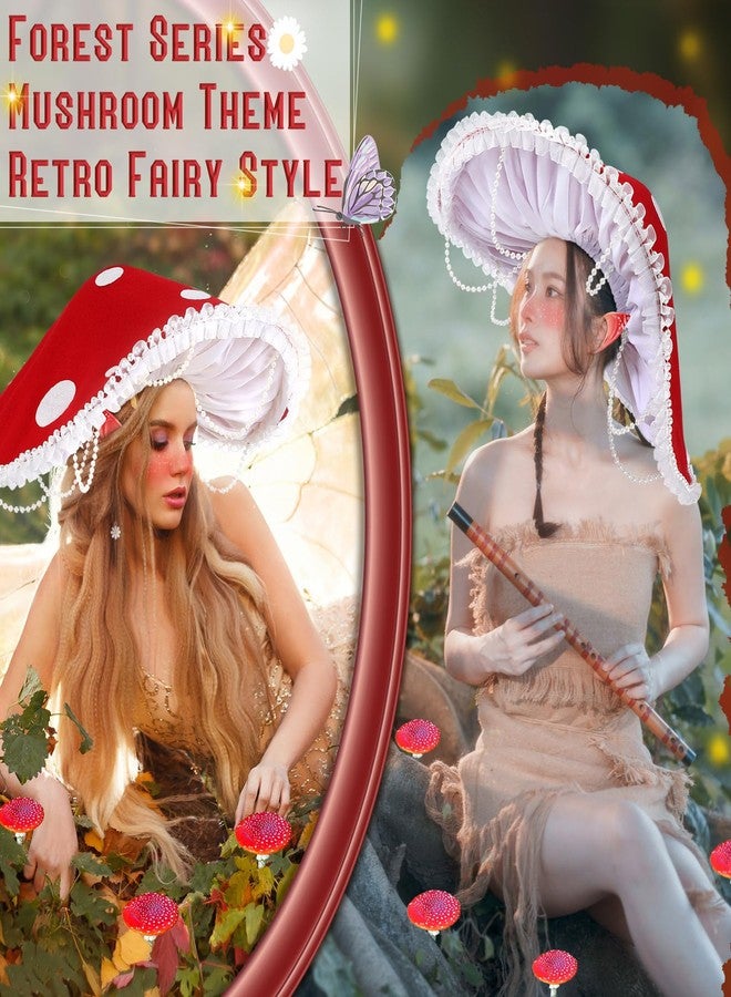 Funnysoft 3 Pcs Renaissance Mushroom Accessories Set Medieval Mushroom Hat Fairy Elf Ears with Flower and Mushroom Ear Clips Red Forest Cosplay Halloween Fantasy Elf Costumes Accessories for Women - Image 5
