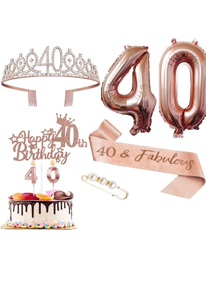 هاي هيلوك زينة عيد ميلاد 40 للفتيات ، بما في ذلك كعكة عيد ميلاد تبلغ من العمر 40 عاما ، وشاح ملكة عيد ميلاد مع دبوس لؤلؤي ، تاج تاج من حجر الراين الحلو ، مجموعة شموع وبالونات أرقام ، ذهب وردي