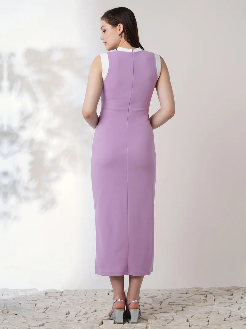 globus Globus Women Lavender Round Neck Sleeveless Colourblock Side Slit Midi Bodycon Workwear Dress
