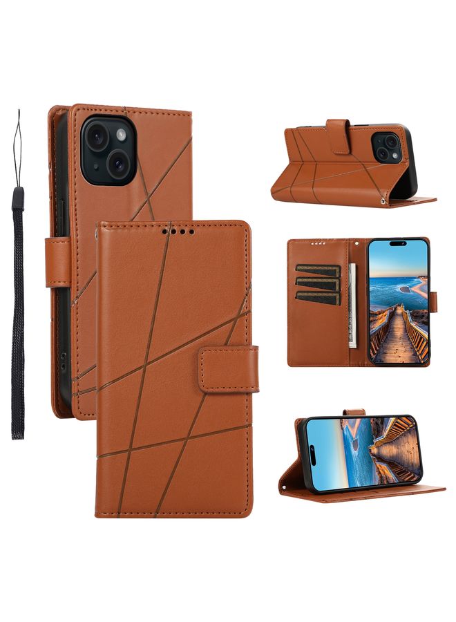 Case Cover For iPhone 15 Plus PU Genuine Leather Texture Embossed Line Phone Case Brown