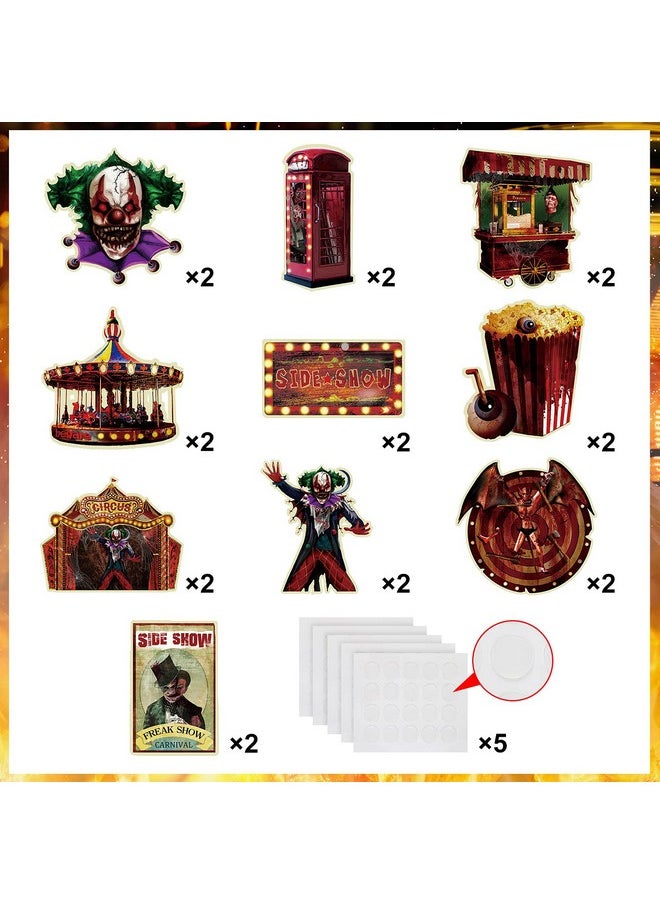 Containlol - 20 Pieces Halloween Creepy Carnival Decorations Horror Circus Party Cutouts With Glue Points For Creepy Carnival Party Scary Clown Decorations Side Show Party Haunted House Supplies 11.8 X 11.8 Inch - Image 1