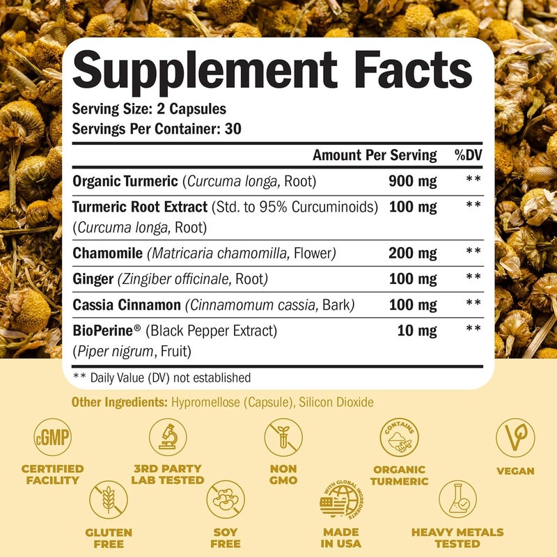Vimerson Health Turmeric Supplement  Chamomile Capsules for Sleep  Organic Turmeric Sleep Supplement with Chamomile Flowers Extract Manzanilla  Relaxation  Stress Support  Joint  Digestive Health 60 Capsules - Image 3