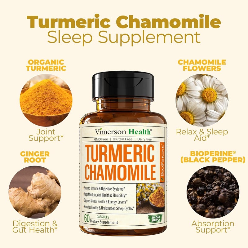 Vimerson Health Turmeric Supplement  Chamomile Capsules for Sleep  Organic Turmeric Sleep Supplement with Chamomile Flowers Extract Manzanilla  Relaxation  Stress Support  Joint  Digestive Health 60 Capsules - Image 5