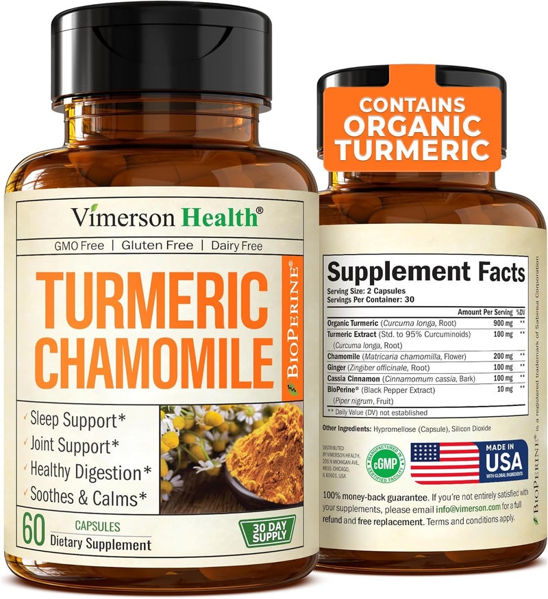 Vimerson Health Turmeric Supplement  Chamomile Capsules for Sleep  Organic Turmeric Sleep Supplement with Chamomile Flowers Extract Manzanilla  Relaxation  Stress Support  Joint  Digestive Health 60 Capsules - Image 1