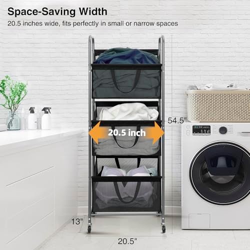 STO STO 3-Tier Vertical Rolling Laundry Hamper with Removable Bags, 120L Stackable Laundry Sorter Basket, Clothes Hamper with Wheels for Small Spaces, Closet, Bedroom, Bathroom, Laundry Room, Black - Image 3