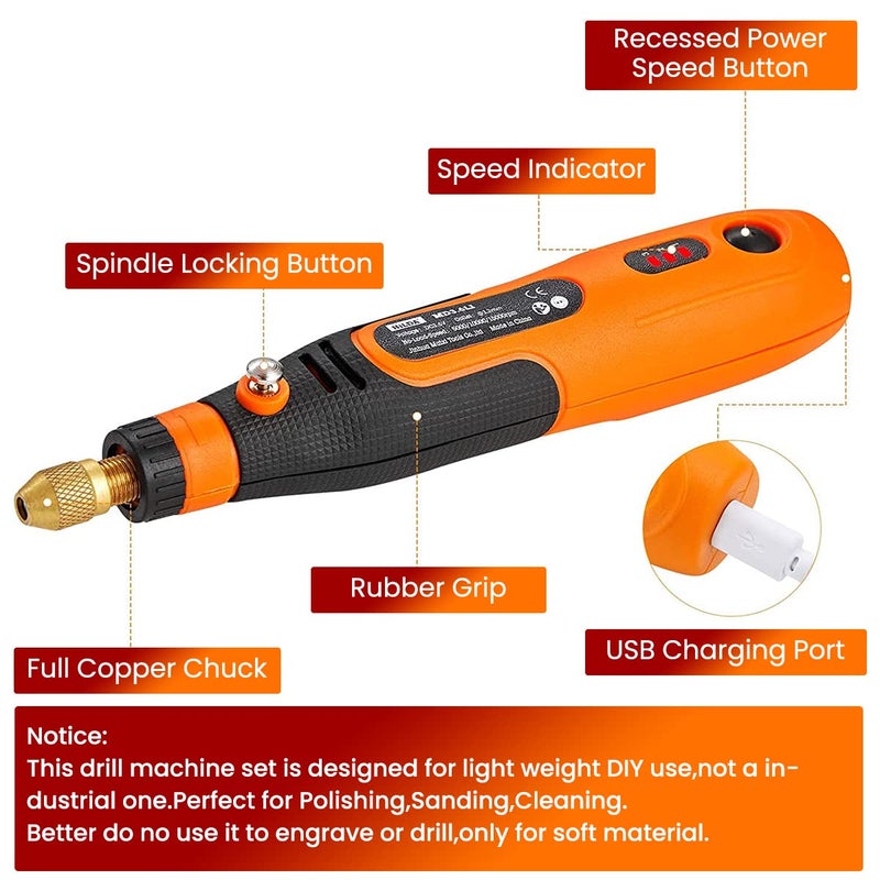 Verilux 45pcs Mini Cordless Drill Machine, 900Ah USB Rechargeable 3 Speed Small Drill Machine, Electric Drill with Powerful 3.6V Motor, Perfect for Polishing, Crafting and DIY - Image 3