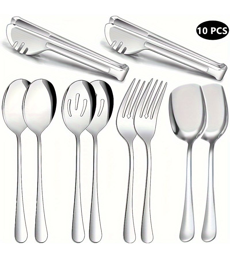 Golden 10 Piece Buffet Serving Utensils Set With Tongs Forks And Spatulas - Image 1