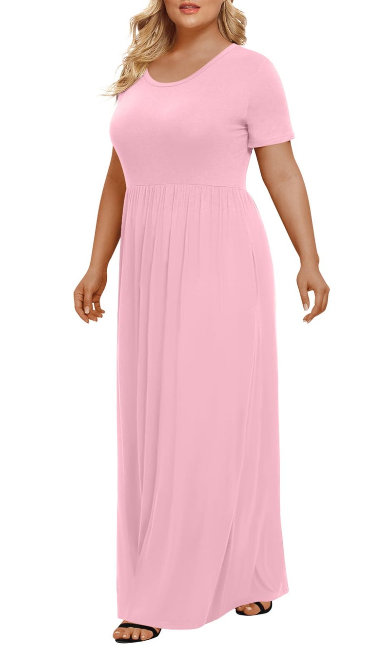 LONGYUAN Women's Plus Size Maxi Dresses for Curvy Women Summer Short Sleeve Casual 2026 Long Dress Pink 3XL - Image 2
