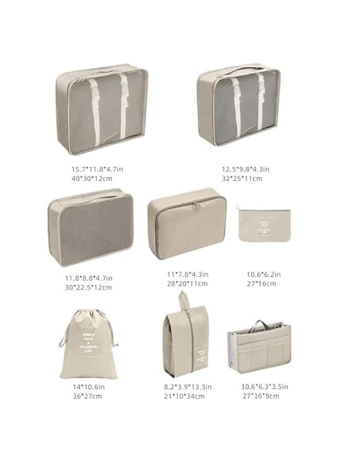 ميكسد مكعبات تعبئة للسفر، 8 مجموعات من منظمات الامتعة مع شنطة ادوات الزينة، شنطة احذية، مستلزمات السفر، بيج - Image 2