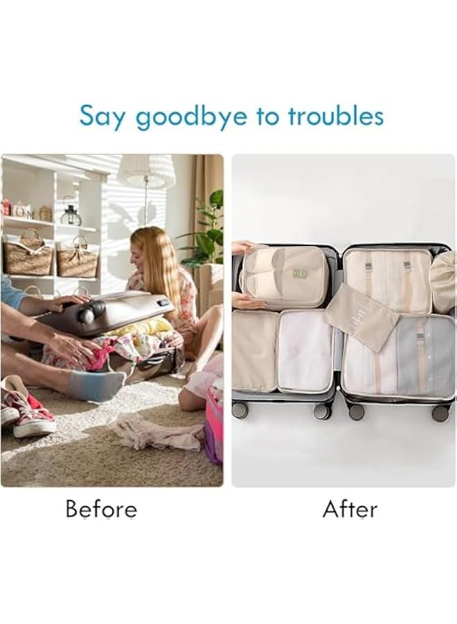 ميكسد مكعبات تعبئة للسفر، 8 مجموعات من منظمات الامتعة مع شنطة ادوات الزينة، شنطة احذية، مستلزمات السفر، بيج - Image 5