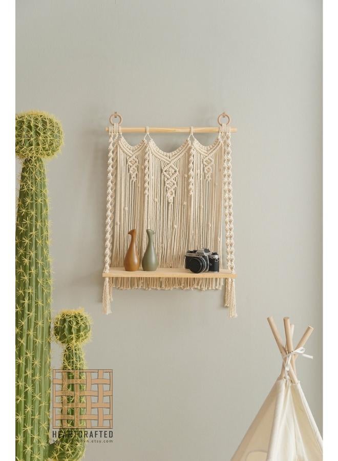 انتيكيانو رف معلق على الحائط بخيوط مكرمية.. ديكور حائط بوهيمي لغرفة النوم - فن جداري من حبل مكرمية منسوج كديكور لرف - Image 2
