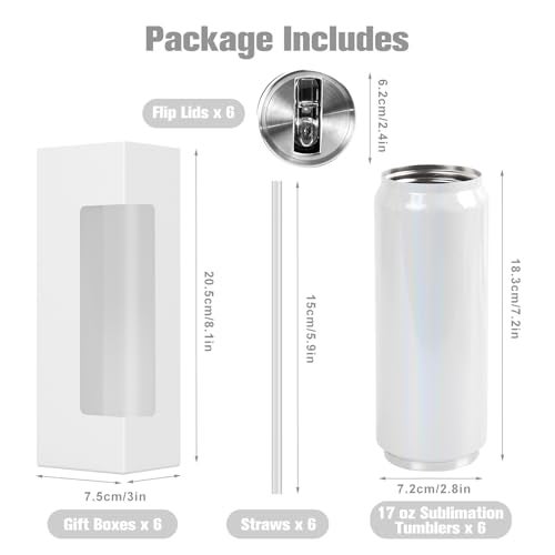 ColorSub 17 oz Sublimation Glitter Tumblers Cans Stainless Steel Sublimation Blanks Tumblers Double Wall Insulated Cups Set with Lid Straw Gift Box 6 Pack White - Image 3