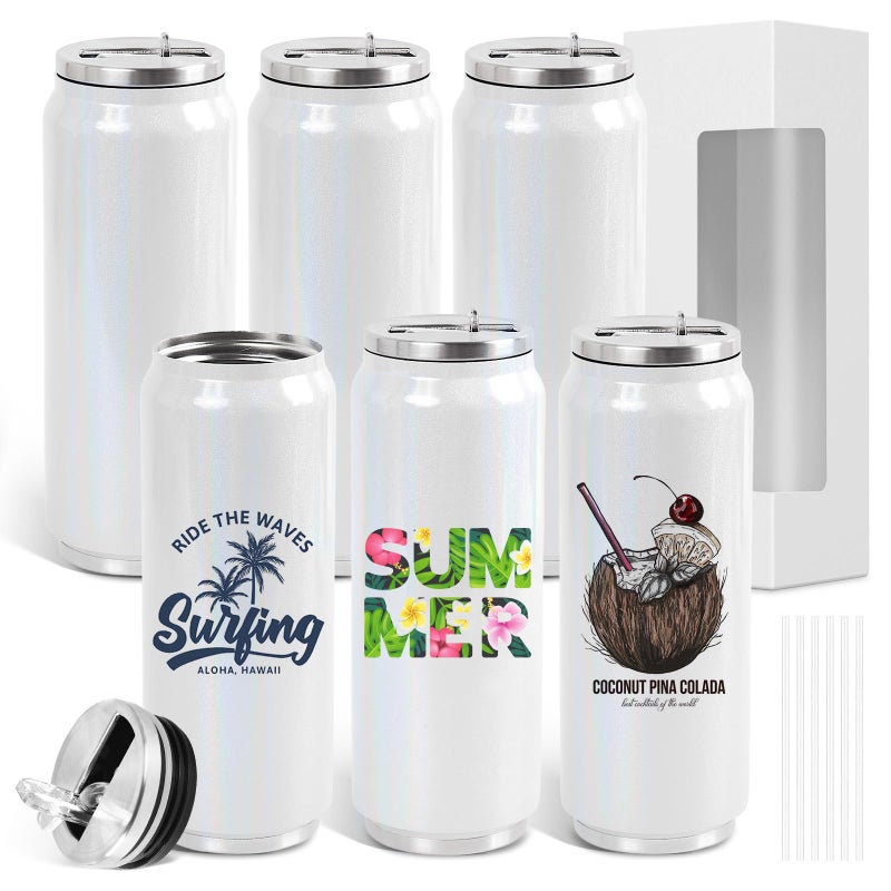 ColorSub 17 oz Sublimation Glitter Tumblers Cans Stainless Steel Sublimation Blanks Tumblers Double Wall Insulated Cups Set with Lid Straw Gift Box 6 Pack White - Image 2