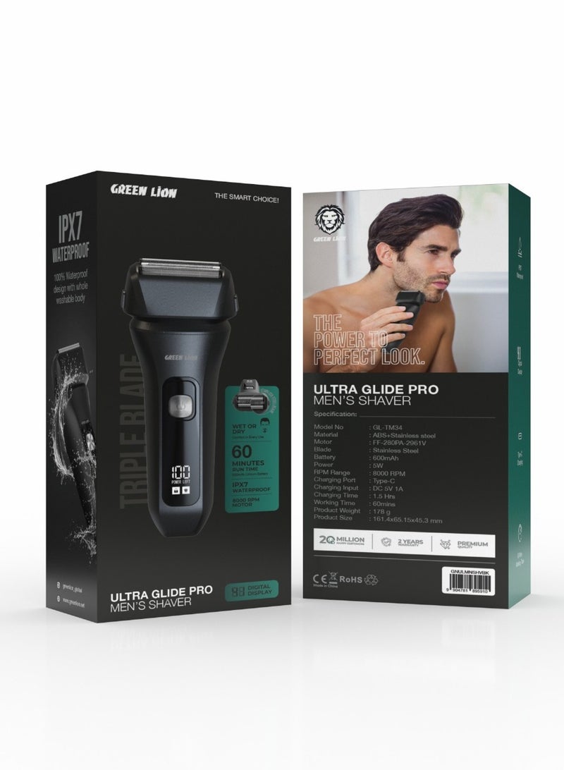 GREEN LION Ultra Glide Pro Men’s Shaver/ Wet & Dry Use/Stainless Steel Electric Grooming Device/ Rechargeable Shaver/Portable Shaver / Electric Razor with Digital Display - Black - Image 3