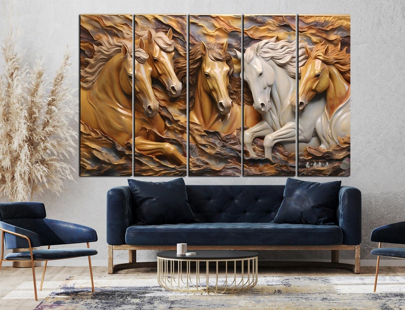 CN RETAILS 7 horses running vastu frame painting Set of 5 Big Size (48x30) Multiple Frames Wall Art Painting for living room Wooden Framed-Digital Painting ss16_04 - Image 2