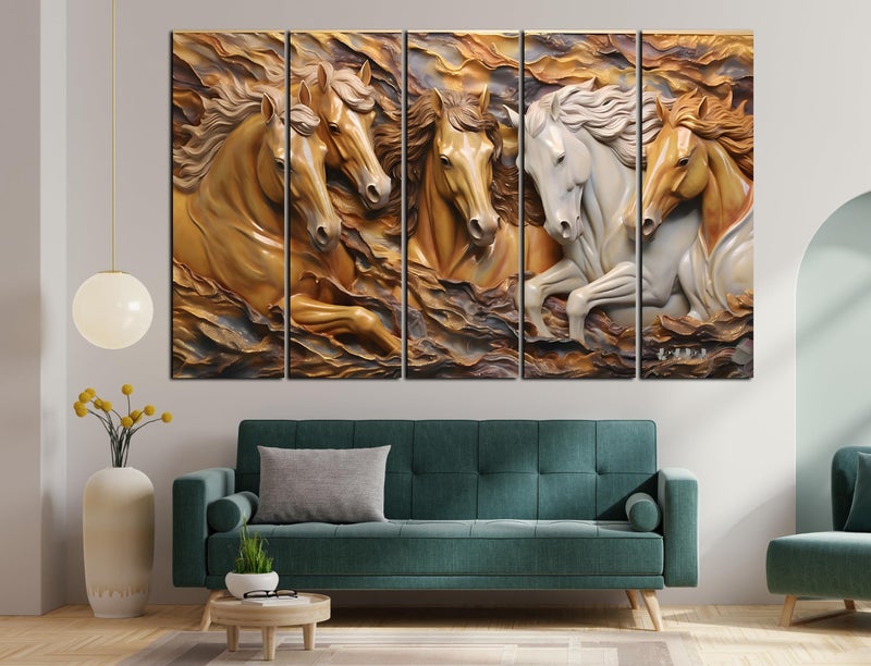 CN RETAILS 7 horses running vastu frame painting Set of 5 Big Size (48x30) Multiple Frames Wall Art Painting for living room Wooden Framed-Digital Painting ss16_04 - Image 4