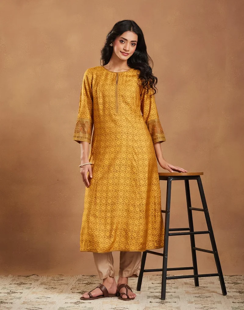 Mustard Viscose Silk Hand Block Printed Slim Fit Long Kurta