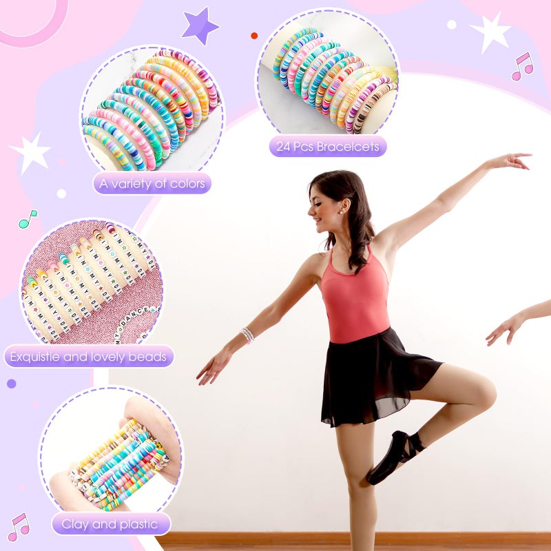 Quelay 24 Pcs Valentines Appreciation Bracelets Gift Bulk for Team Sports Dance Clay Beaded Stretchy Era Bracelets Party Gifts Volleyball Basketball Tennis Football Softball Favor(Dance) - Image 2