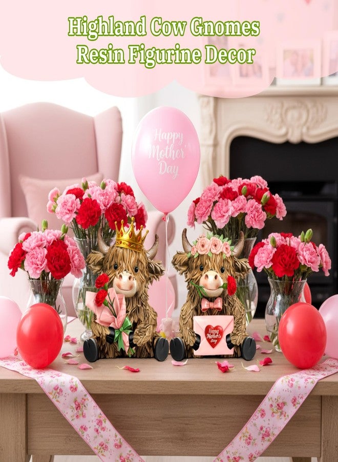 Burbell 2 Pcs Mother's Day Highland Cow Figurines Decor Mother's Day Highland Cow Gnomes Gifts Resin Statue Calf Lovers Gifts for Farmhouse Home Garden Bathroom Kitchen Tiered Tray Table Decor Office - Image 2