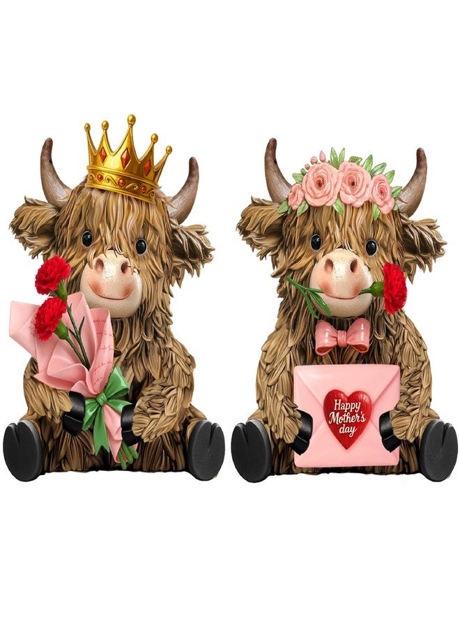 Burbell 2 Pcs Mother's Day Highland Cow Figurines Decor Mother's Day Highland Cow Gnomes Gifts Resin Statue Calf Lovers Gifts for Farmhouse Home Garden Bathroom Kitchen Tiered Tray Table Decor Office - Image 1