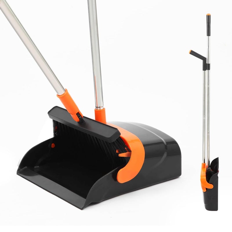 Upgrade Large Broom and Dustpan Broom and Dustpan Set Heavy Duty Dust Pan with 53 Long Handle Upright Dustpan Broom Set Broom for Indoor Outdoor Garage Kitchen Room Office Lobby Use Orange