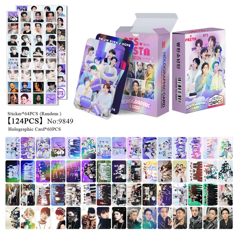 BTS 124PCS Holographic Cards & Star Stickers Set – 60PCS Holographic LOMO Cards + 64PCS Random Celebrity Stickers for DIY Scrapbooking, Album Decoration, Journaling, and Birthday Gift for Teens
