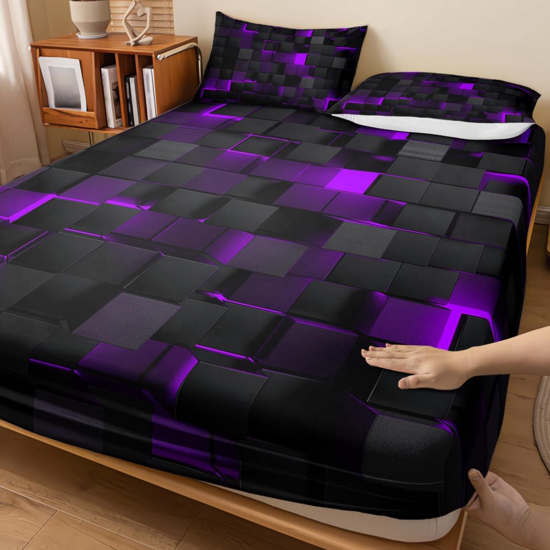 Nttopship Soft Bedding Fitted Sheet Full Size,Geometric Purple Black Microfiber Fitted Sheet with 16" Deep Pockets,2 Pillowcases for Kids Boys and Girls - Image 3