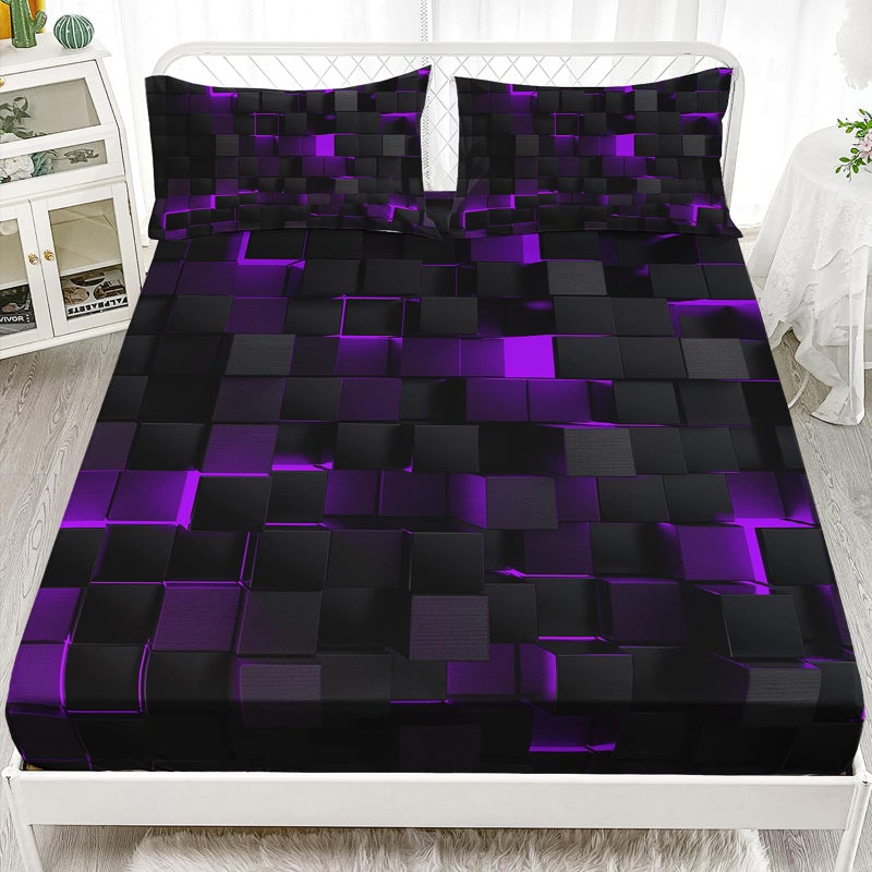Nttopship Soft Bedding Fitted Sheet Full Size,Geometric Purple Black Microfiber Fitted Sheet with 16" Deep Pockets,2 Pillowcases for Kids Boys and Girls - Image 5