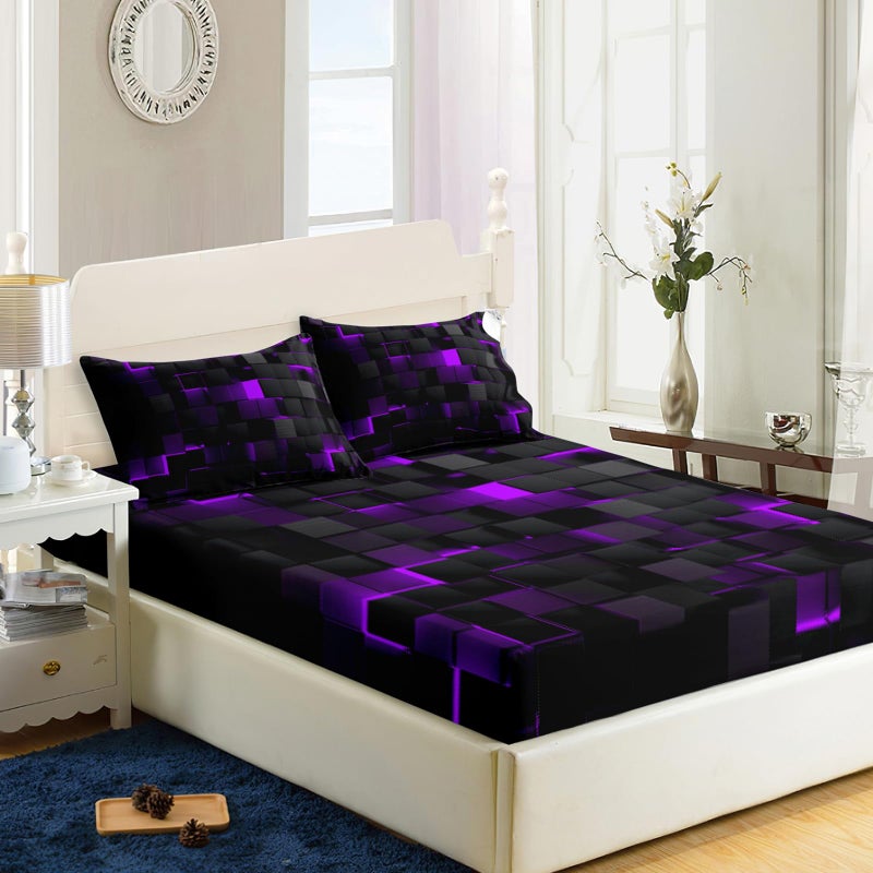 Nttopship Soft Bedding Fitted Sheet Full Size,Geometric Purple Black Microfiber Fitted Sheet with 16" Deep Pockets,2 Pillowcases for Kids Boys and Girls - Image 1