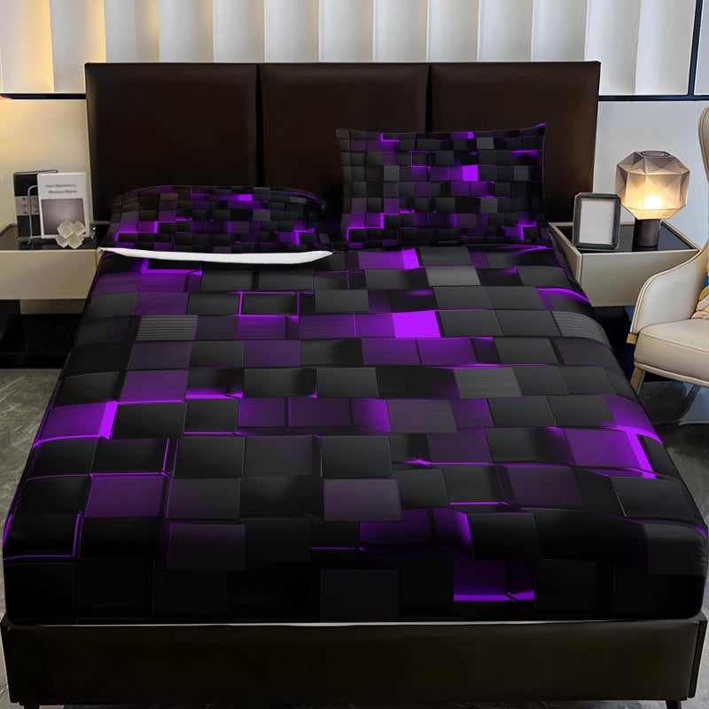 Nttopship Soft Bedding Fitted Sheet Full Size,Geometric Purple Black Microfiber Fitted Sheet with 16" Deep Pockets,2 Pillowcases for Kids Boys and Girls - Image 2