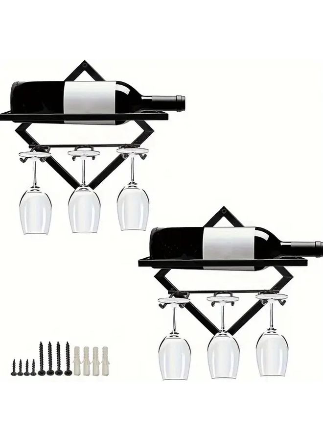 Black Metal Wall Mounted Wine Rack For 6 Bottles And 6 Glasses Space Saving Geometric Design Modern Home Restaurant Hotel Decor Sturdy Lacquered Finish - Image 1
